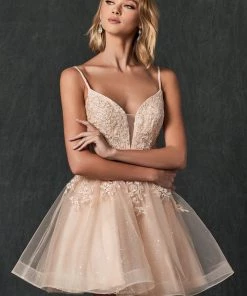 Floral Applique Short Glitter Dress By Juliet 859