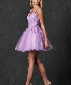 Floral Applique Short Glitter Dress By Juliet 859