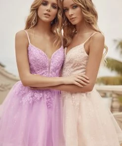 Floral Applique Short Glitter Dress By Juliet 859