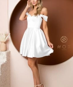Short Off Shoulder Satin Dress By Nox Anabel R773 21 Short Off Shoulder Satin Dress By Nox Anabel R773