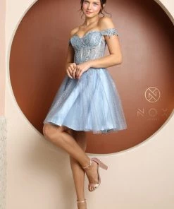 New Applique Short Off Shoulder Dress By Nox Anabel F731 21 New Applique Short Off Shoulder Dress By Nox Anabel F731