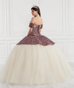 LA Glitter By House Of Wu Quinceañera 3 Piece Strapless Jacquard Quinceanera Dress By LA Glitter 24065
