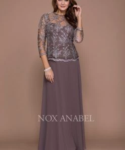 3/4 Length Sleeve Embroidered Illusion Dress By Nox Anabel 5096