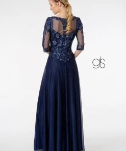 3/4 Sleeve Embroidered Bodice Chiffon Dress By Elizabeth K GL1825