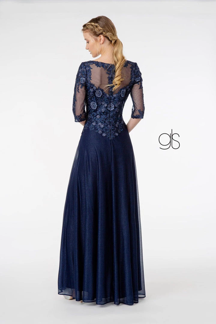 3/4 Sleeve Embroidered Bodice Chiffon Dress By Elizabeth K GL1825 4 3/4 Sleeve Embroidered Bodice Chiffon Dress By Elizabeth K GL1825