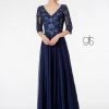 3/4 Sleeve Embroidered Bodice Chiffon Dress By Elizabeth K GL1825