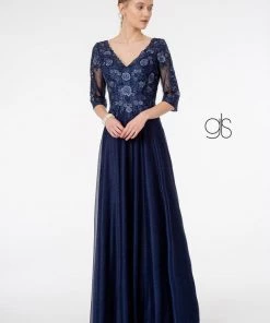 3/4 Sleeve Embroidered Bodice Chiffon Dress By Elizabeth K GL1825