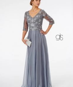 3/4 Sleeve Embroidered Bodice Chiffon Dress By Elizabeth K GL1825 15 3/4 Sleeve Embroidered Bodice Chiffon Dress By Elizabeth K GL1825