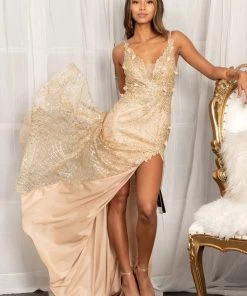 3D Floral Fitted Glitter Gown By Elizabeth K GL3042 Prom