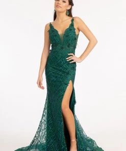 3D Floral Fitted Glitter Gown By Elizabeth K GL3042 Prom