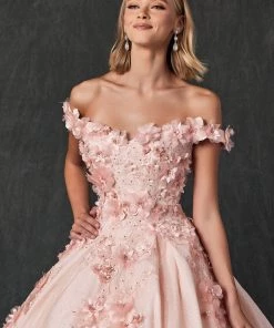 3D Floral Off Shoulder Glitter Ball Gown By Juliet 1433
