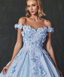 3D Floral Off Shoulder Glitter Ball Gown By Juliet 1433