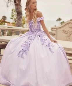 3D Floral Off Shoulder Glitter Ball Gown By Juliet 1433