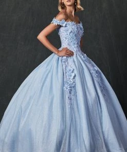 3D Floral Off Shoulder Glitter Ball Gown By Juliet 1433