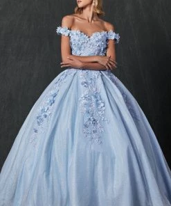 3D Floral Off Shoulder Glitter Ball Gown By Juliet 1433