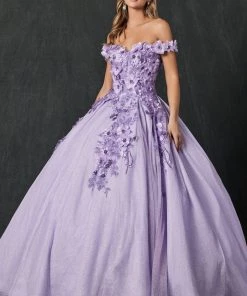 3D Floral Off Shoulder Glitter Ball Gown By Juliet 1433