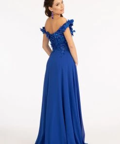 3D Floral Off Shoulder Slit Gown By Elizabeth K GL3018