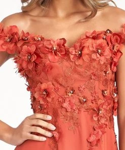 3D Floral Off Shoulder Slit Gown By Elizabeth K GL3018