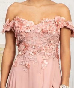 3D Floral Off Shoulder Slit Gown By Elizabeth K GL3018