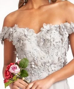 3D Floral Off Shoulder Slit Gown By Elizabeth K GL3018