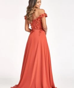 3D Floral Off Shoulder Slit Gown By Elizabeth K GL3018