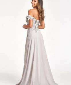 3D Floral Off Shoulder Slit Gown By Elizabeth K GL3018