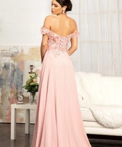 3D Floral Off Shoulder Slit Gown By Elizabeth K GL3018