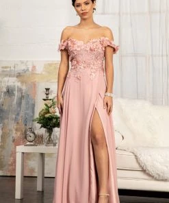 3D Floral Off Shoulder Slit Gown By Elizabeth K GL3018