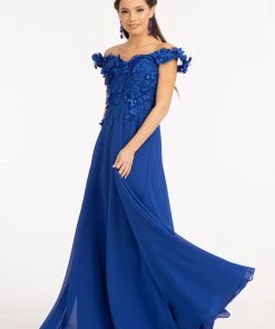 3D Floral Off Shoulder Slit Gown By Elizabeth K GL3018