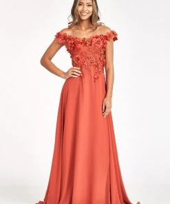 3D Floral Off Shoulder Slit Gown By Elizabeth K GL3018