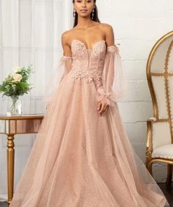 Prom 3D Floral Puff Sleeve Gown By Elizabeth K GL3015