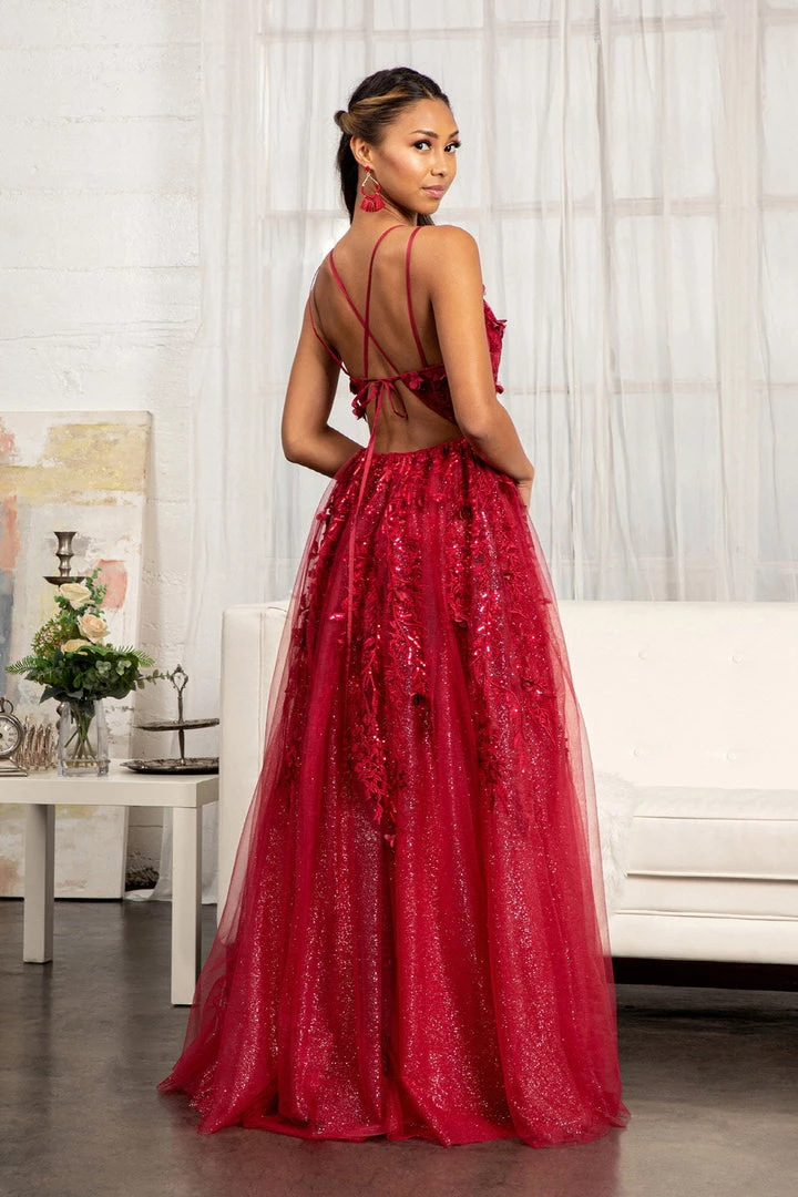 Prom 3D Floral Strappy Back Gown By Elizabeth K GL3033 4 Prom 3D Floral Strappy Back Gown By Elizabeth K GL3033