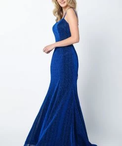 Fitted Sleeveless Metallic Glitter Gown By Juliet 697