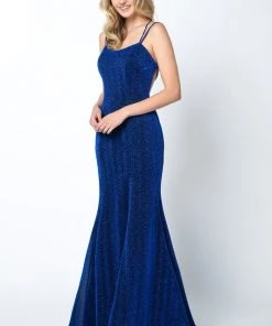 Fitted Sleeveless Metallic Glitter Gown By Juliet 697