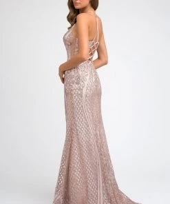 Fitted Glitter Print Lace-Up Gown By Juliet 681 Prom