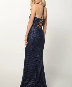 Fitted Glitter Print Lace-Up Gown By Juliet 681 Prom