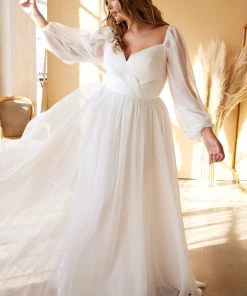 White Long Sleeve Chiffon Gown By Cinderella Divine CD243W