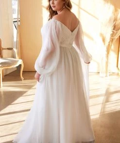 White Long Sleeve Chiffon Gown By Cinderella Divine CD243W