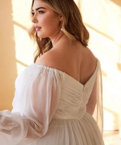 White Long Sleeve Chiffon Gown By Cinderella Divine CD243W