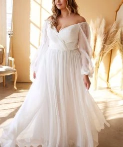 White Long Sleeve Chiffon Gown By Cinderella Divine CD243W