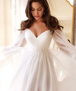 White Long Sleeve Chiffon Gown By Cinderella Divine CD243W