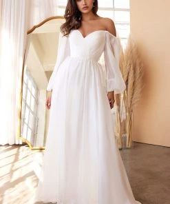 White Long Sleeve Chiffon Gown By Cinderella Divine CD243W