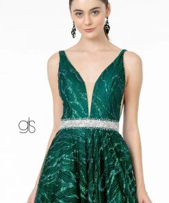 Prom A-Line Glitter Gown With Beaded Waistband By Elizabeth K GL2928