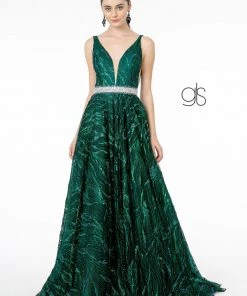 Prom A-Line Glitter Gown With Beaded Waistband By Elizabeth K GL2928