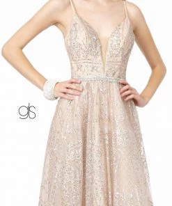 A-Line Glitter Gown With Deep V-Neck By Elizabeth K GL2915 Prom