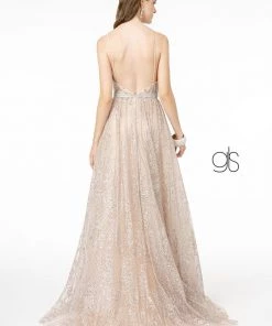 A-Line Glitter Gown With Deep V-Neck By Elizabeth K GL2915 Prom