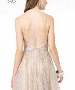 A-Line Glitter Gown With Deep V-Neck By Elizabeth K GL2915 Prom