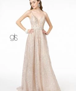 A-Line Glitter Gown With Deep V-Neck By Elizabeth K GL2915 Prom