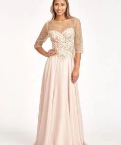Applique 3/4 Sleeve Chiffon Gown By Elizabeth K GL3066 Prom