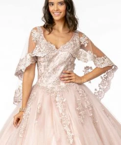 Applique Glitter V-Neck Ball Gown With Cape By Elizabeth K GL2800 19 Applique Glitter V-Neck Ball Gown With Cape By Elizabeth K GL2800